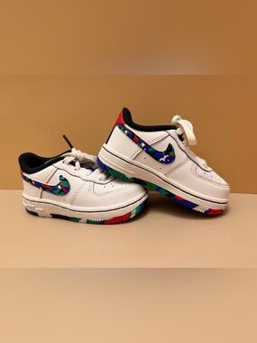 White Kids Sneakers with Colorful Mosaic Swoosh